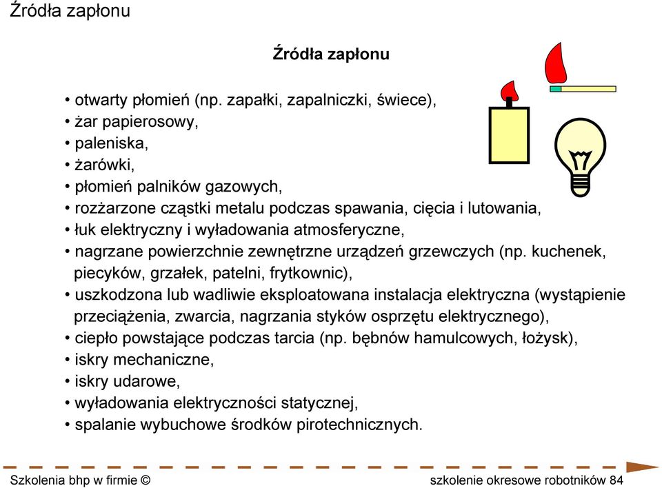 wyładowania atmosferyczne, nagrzane powierzchnie zewnętrzne urządzeń grzewczych (np.