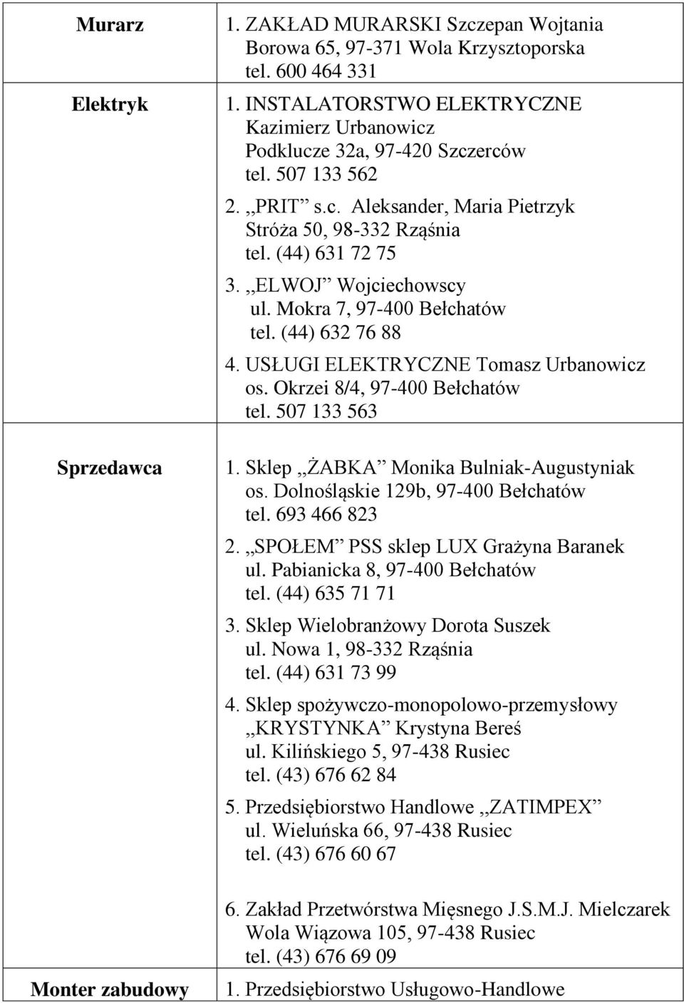 ,,ELWOJ Wojciechowscy ul. Mokra 7, 97-400 Bełchatów tel. (44) 632 76 88 4. USŁUGI ELEKTRYCZNE Tomasz Urbanowicz os. Okrzei 8/4, 97-400 Bełchatów tel. 507 133 563 1.