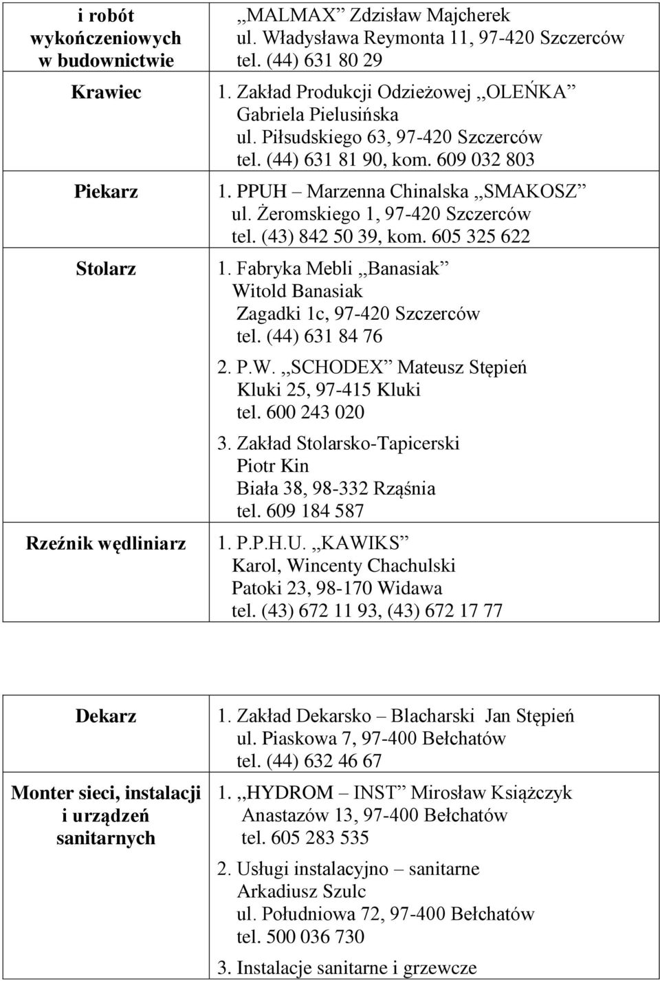 Żeromskiego 1, 97-420 Szczerców tel. (43) 842 50 39, kom. 605 325 622 1. Fabryka Mebli,,Banasiak Witold Banasiak Zagadki 1c, 97-420 Szczerców tel. (44) 631 84 76 2. P.W.,,SCHODEX Mateusz Stępień Kluki 25, 97-415 Kluki tel.