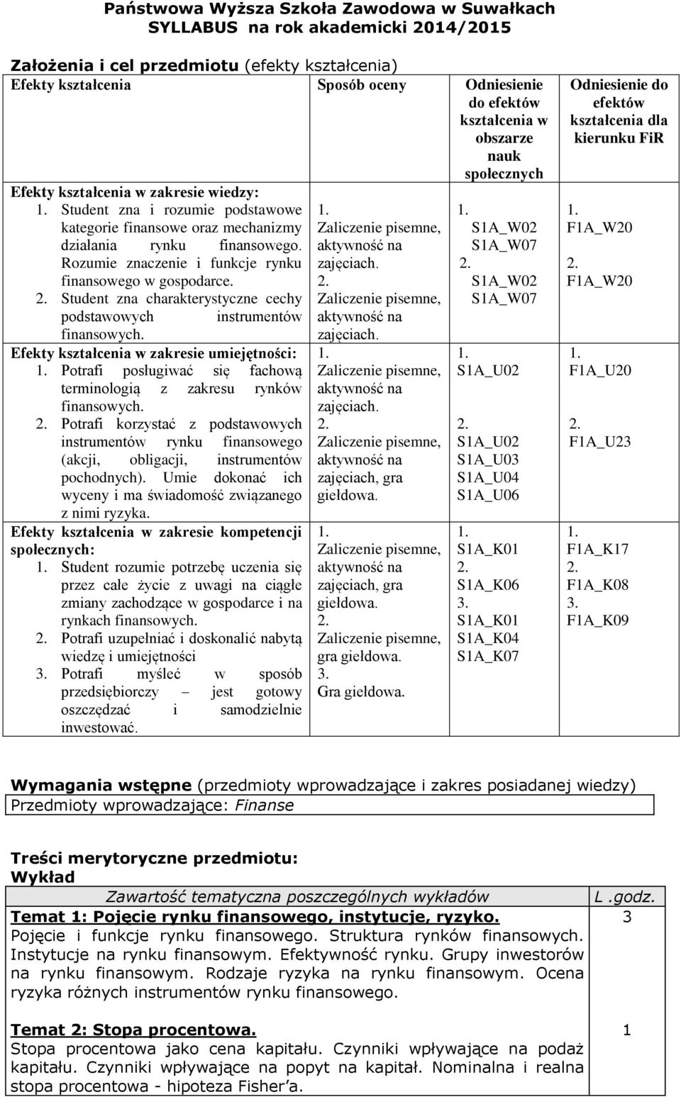 Student zna charakterystyczne cechy podstawowych instrumentów finansowych. Efekty kształcenia w zakresie umiejętności: Potrafi posługiwać się fachową terminologią z zakresu rynków finansowych.