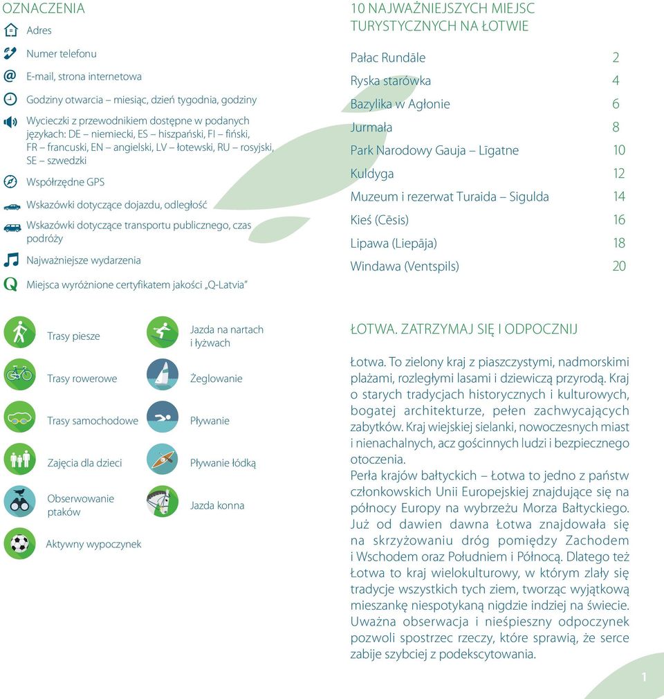 wydarzenia Miejsca wyróżnione certyfikatem jakości Q-Latvia 10 najważniejszych miejsc turystycznych na Łotwie Pałac Rundāle 2 Ryska starówka 4 Bazylika w Agłonie 6 Jurmała 8 Park Narodowy Gauja