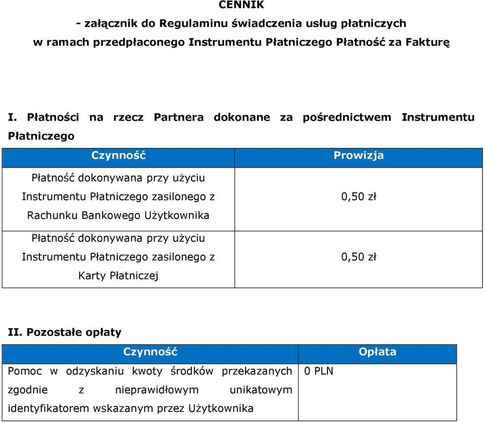 Płatniczego zasilonego z Rachunku Bankowego Użytkownika Płatność dokonywana przy użyciu Instrumentu Płatniczego zasilonego z Karty Płatniczej 0,50 zł