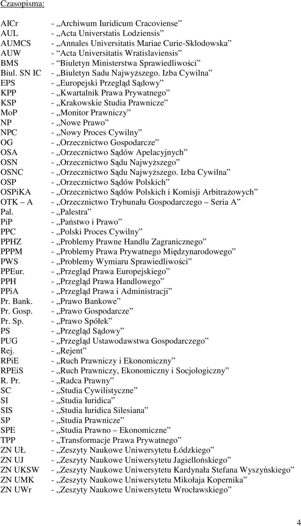 Izba Cywilna EPS - Europejski Przegląd Sądowy KPP - Kwartalnik Prawa Prywatnego KSP - Krakowskie Studia Prawnicze MoP - Monitor Prawniczy NP - Nowe Prawo NPC - Nowy Proces Cywilny OG - Orzecznictwo