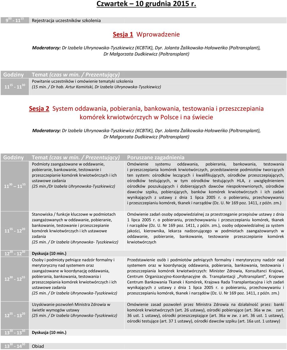 Artur Kamioski, Dr Izabela Uhrynowska-Tyszkiewicz) Sesja 2 System oddawania, pobierania, bankowania, testowania i przeszczepiania komórek krwiotwórczych w Polsce i na świecie 11 30 11 55 Podmioty