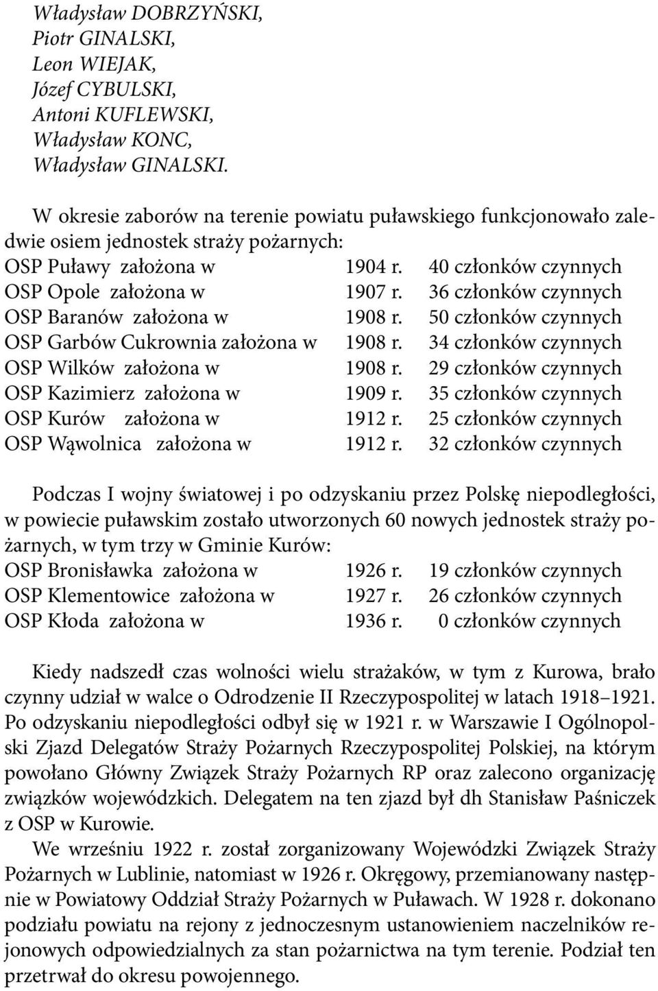 36 członków czynnych OSP Baranów założona w 1908 r. 50 członków czynnych OSP Garbów Cukrownia założona w 1908 r. 34 członków czynnych OSP Wilków założona w 1908 r.