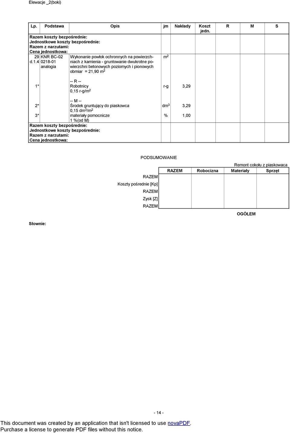 powierzchni betonowych poziomych i pionowych obmiar = 21,90 0,15 r-g/ r-g 3,29 dm 3 3,29 2* Środek