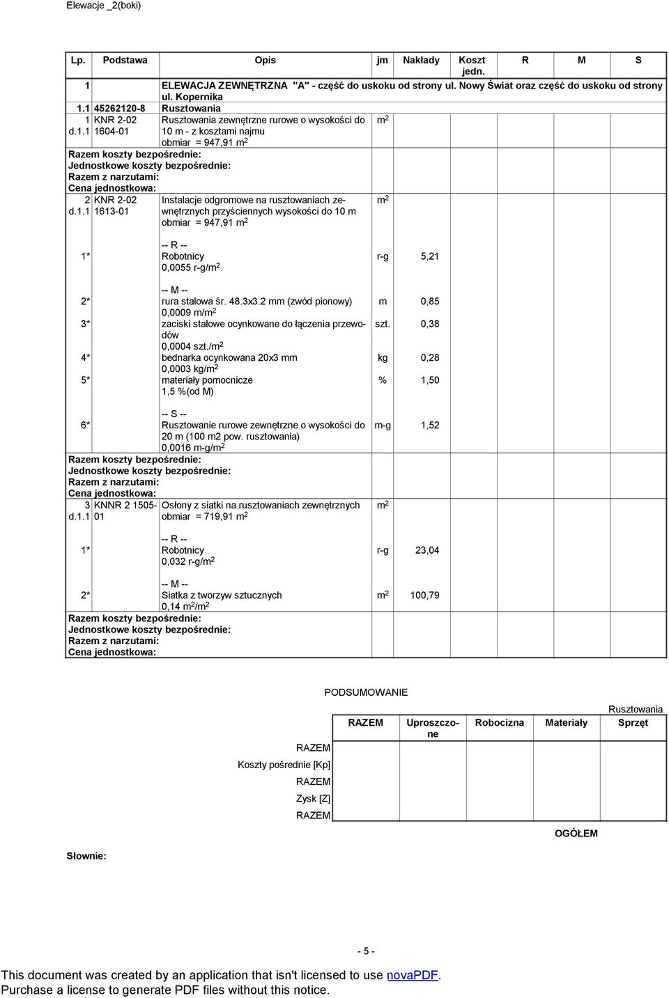 5,21 m 0,85 2* rura stalowa śr. 48.3x3.2 mm (zwód pionowy) 0,0009 m/ 3* zaciski stalowe ocynkowane do łączenia przewodów szt. 0,38 0,0004 szt.