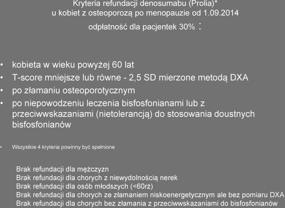 leczenia bisfosfonianami lub z przeciwwskazaniami (nietolerancją) do stosowania doustnych bisfosfonianów Wszystkie 4 kryteria powinny być spełnione Brak refundacji dla