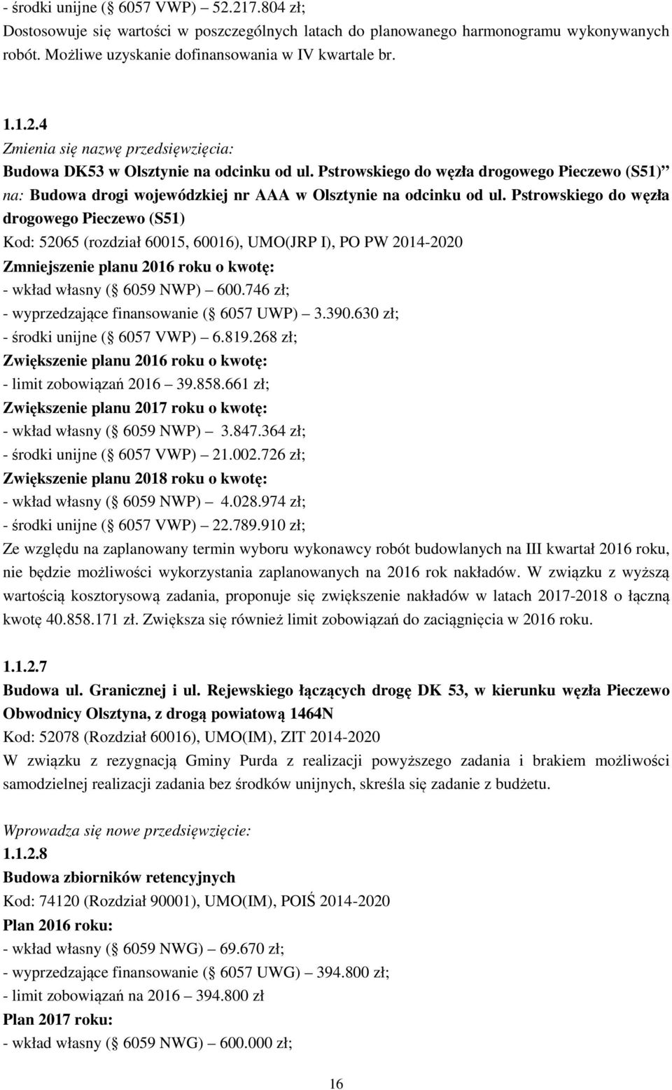 Pstrowskiego do węzła drogowego Pieczewo (S51) Kod: 52065 (rozdział 60015, 60016), UMO(JRP I), PO PW 2014-2020 Zmniejszenie planu 2016 roku o kwotę: - wkład własny ( 6059 NWP) 600.