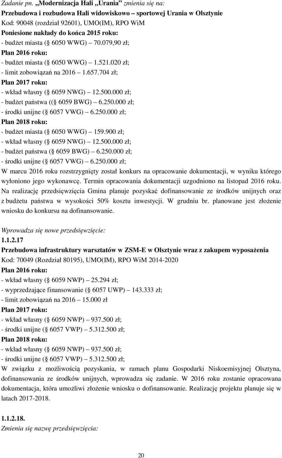 budżet miasta ( 6050 WWG) 70.079,90 zł; Plan 2016 roku: - budżet miasta ( 6050 WWG) 1.521.020 zł; - limit zobowiązań na 2016 1.657.704 zł; Plan 2017 roku: - wkład własny ( 6059 NWG) 12.500.