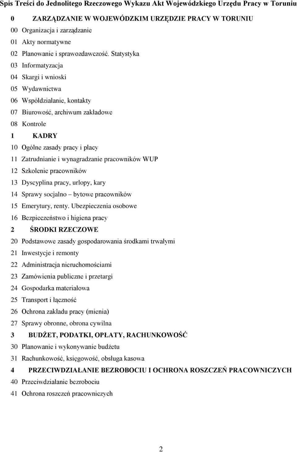 Statystyka 03 Informatyzacja 04 Skargi i wnioski 05 Wydawnictwa 06 Współdziałanie, kontakty 07 Biurowość, archiwum zakładowe 08 Kontrole 1 KADRY 10 Ogólne zasady pracy i płacy 11 Zatrudnianie i