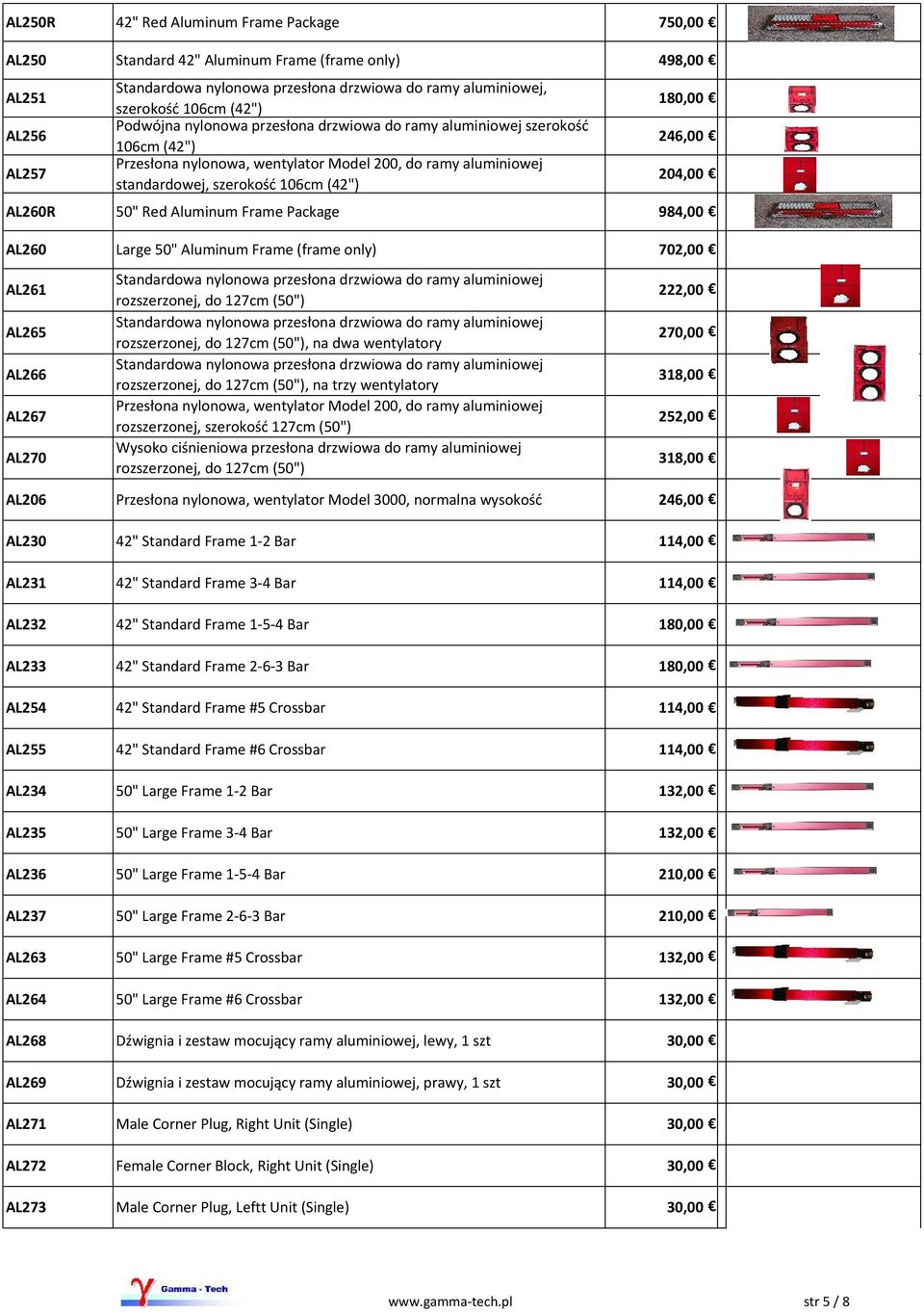 AL260R 50" Red Aluminum Frame Package 984,00 AL260 Large 50" Aluminum Frame (frame only) 702,00 AL261 AL265 AL266 AL267 AL270 Standardowa nylonowa przesłona drzwiowa do ramy aluminiowej rozszerzonej,