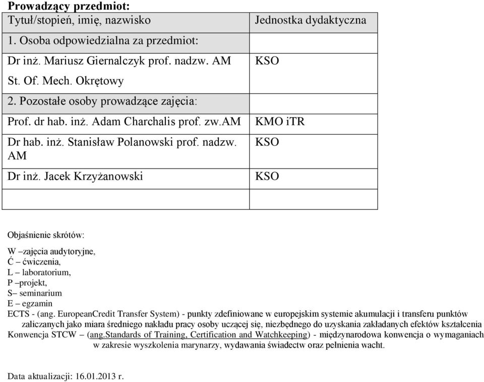 Jacek Krzyżanowski Jednostka dydaktyczna KSO KMO itr KSO KSO Objaśnienie skrótów: W zajęcia audytoryjne, Ć ćwiczenia, L laboratorium, P projekt, S seminarium E egzamin ECTS - (ang.