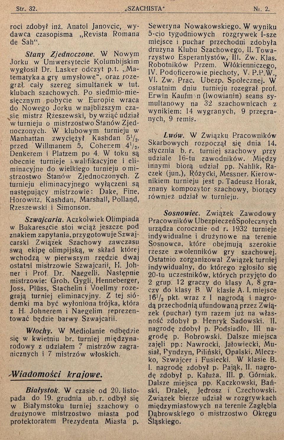 W klubowym turnieju w Manhattan zwyciężył Kashdan 57z> przed Willmanem 5, Cohenem 4V2, Denkerem i Platzem po 4.