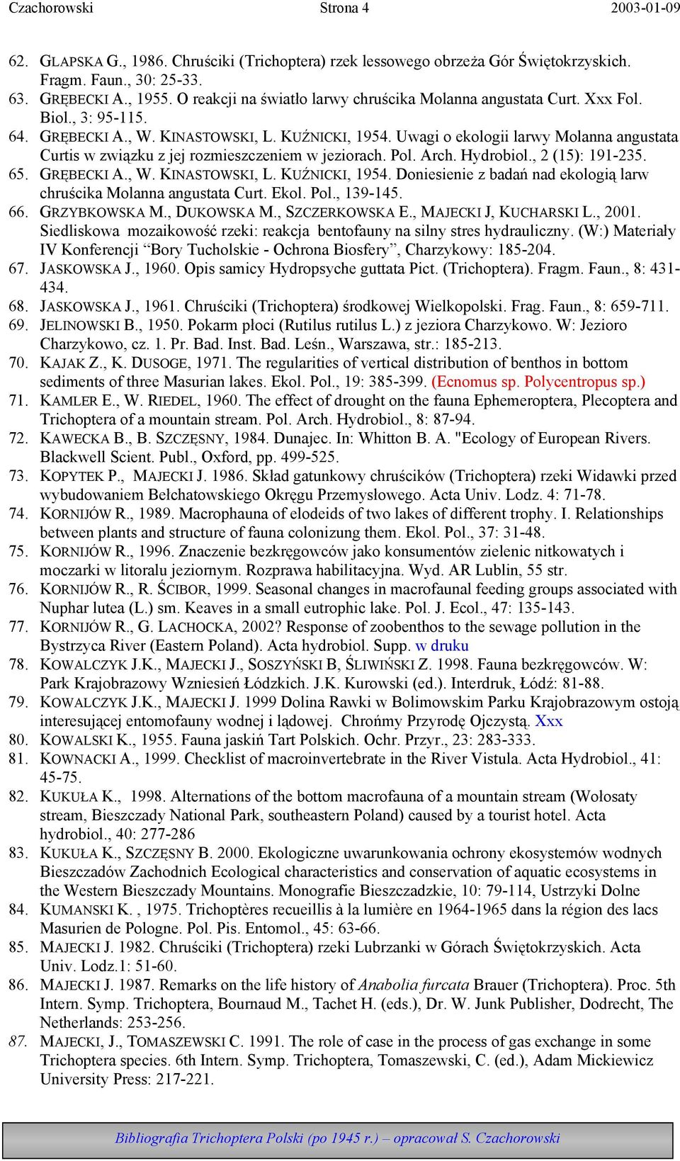Uwagi o ekologii larwy Molanna angustata Curtis w związku z jej rozmieszczeniem w jeziorach. Pol. Arch. Hydrobiol., 2 (15): 191-235. 65. GRĘBECKI A., W. KINASTOWSKI, L. KUŹNICKI, 1954.