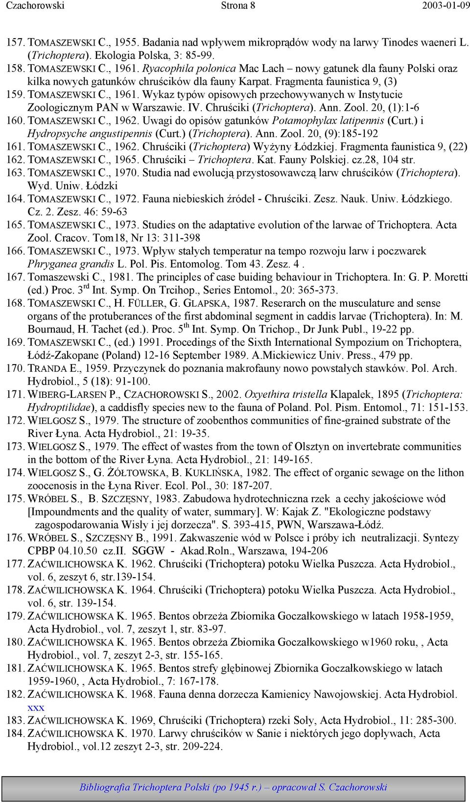 Wykaz typów opisowych przechowywanych w Instytucie Zoologicznym PAN w Warszawie. IV. Chruściki (Trichoptera). Ann. Zool. 20, (1):1-6 160. TOMASZEWSKI C., 1962.