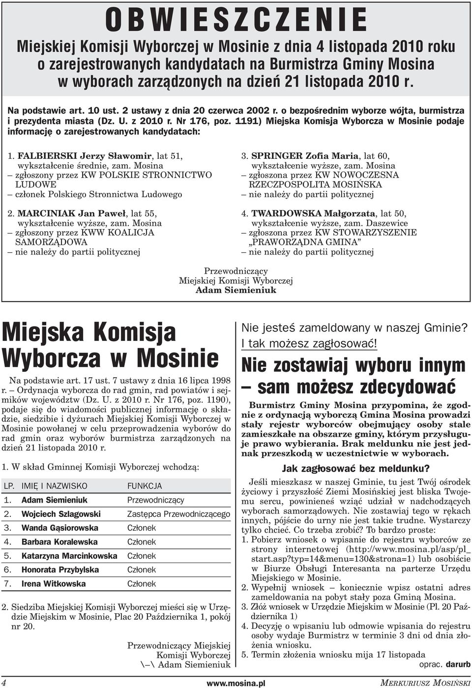 1191) Miejska Komisja Wyborcza w Mosinie podaje informację o zarejestrowanych kandydatach: 1. FALBIERSKI Jerzy Sławomir, lat 51, wykształcenie średnie, zam.