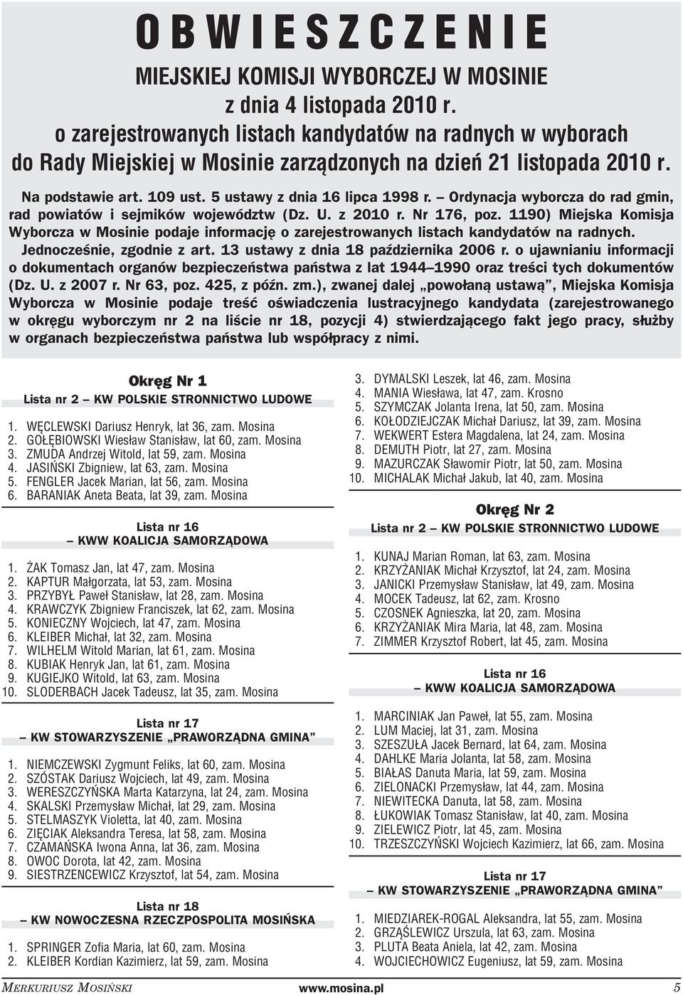 Ordynacja wyborcza do rad gmin, rad powiatów i sejmików województw (Dz. U. z 2010 r. Nr 176, poz.