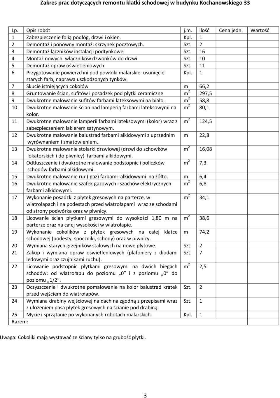 11 7 Skucie istniejących cokołów m 66,2 8 Gruntowanie ścian, sufitów i posadzek pod płytki ceramiczne m 2 297,5 9 Dwukrotne malowanie sufitów farbami lateksowymi na biało.