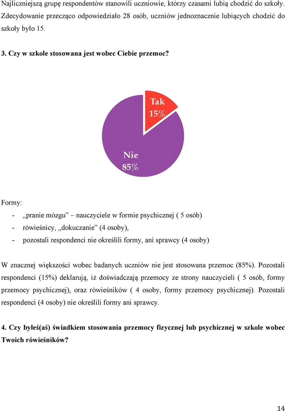 Tak 15% Nie 85% Formy: - pranie mózgu nauczyciele w formie psychicznej ( 5 osób) - rówieśnicy, dokuczanie (4 osoby), - pozostali respondenci nie określili formy, ani sprawcy (4 osoby) W znacznej