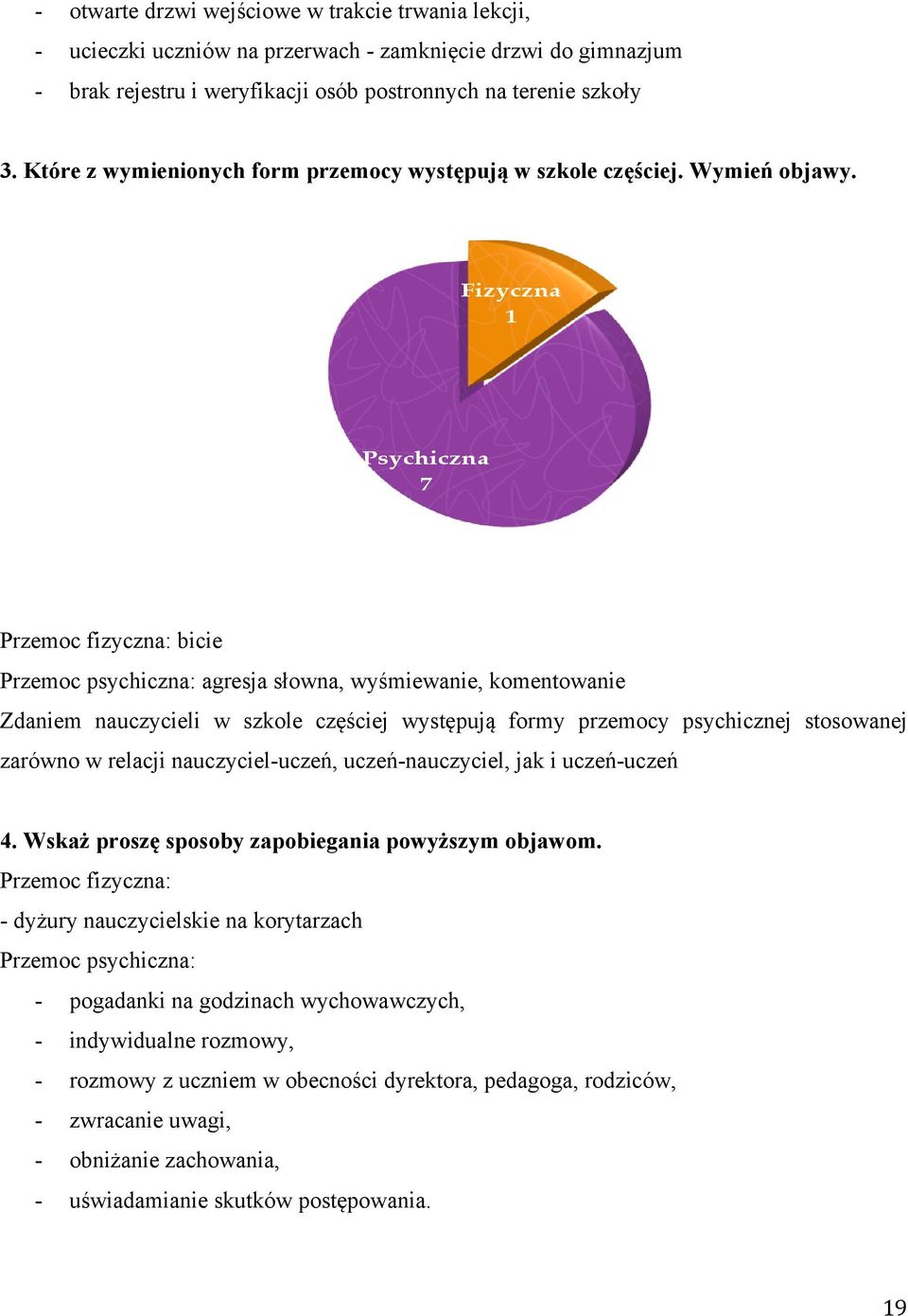Fizyczna 1 Psychiczna 7 Przemoc fizyczna: bicie Przemoc psychiczna: agresja słowna, wyśmiewanie, komentowanie Zdaniem nauczycieli w szkole częściej występują formy przemocy psychicznej stosowanej
