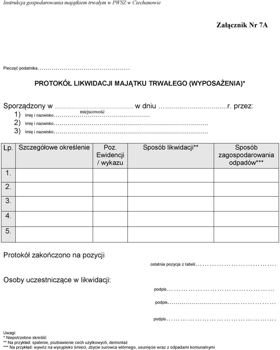 5. Protokół zakończono na pozycji Osoby uczestniczące w likwidacji: ostatnia pozycja z tabeli. podpis 