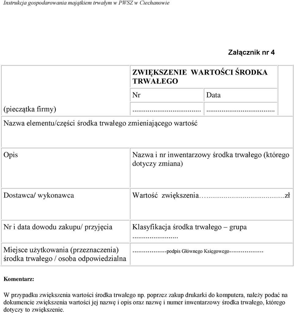 ..zł Nr i data dowodu zakupu/ przyjęcia Miejsce użytkowania (przeznaczenia) środka trwałego / osoba odpowiedzialna Klasyfikacja środka trwałego grupa.
