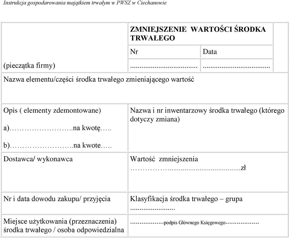 . Nazwa i nr inwentarzowy środka trwałego (którego dotyczy zmiana) b)..na kwote.