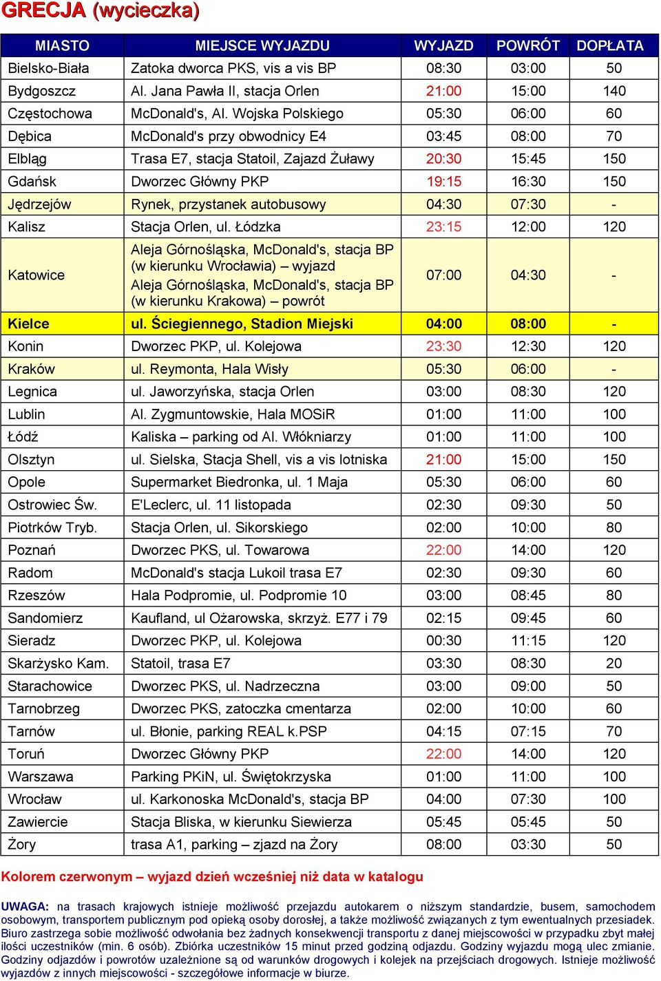 Wojska Polskiego 05:30 06:00 60 Dębica McDonald's przy obwodnicy E4 03:45 08:00 70 Elbląg Trasa E7, stacja Statoil, Zajazd Żuławy 20:30 15:45 150 Gdańsk Dworzec Główny PKP 19:15 16:30 150 Jędrzejów