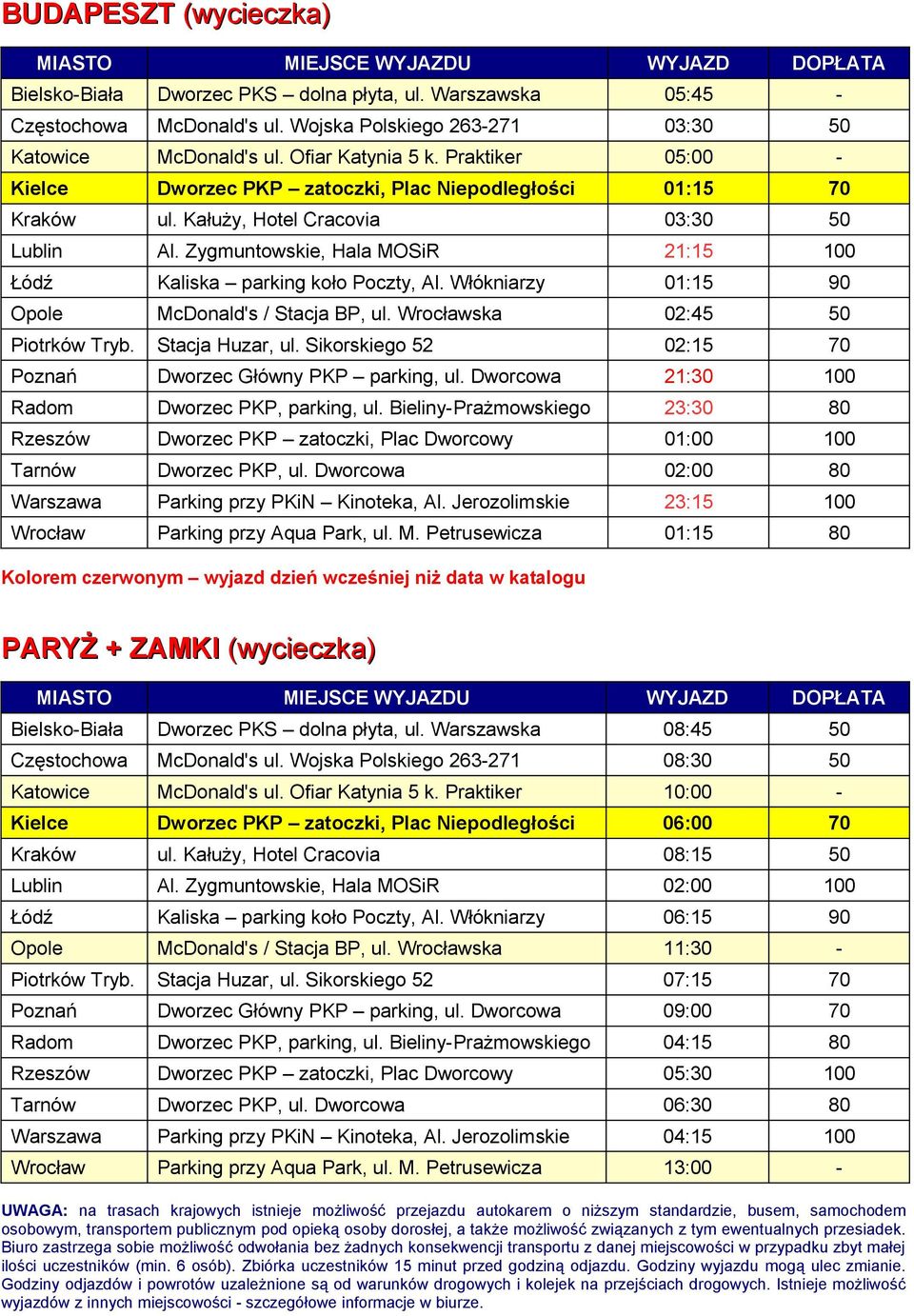 Zygmuntowskie, Hala MOSiR 21:15 100 Łódź Kaliska parking koło Poczty, Al. Włókniarzy 01:15 90 Opole McDonald's / Stacja BP, ul. Wrocławska 02:45 50 Piotrków Tryb. Stacja Huzar, ul.