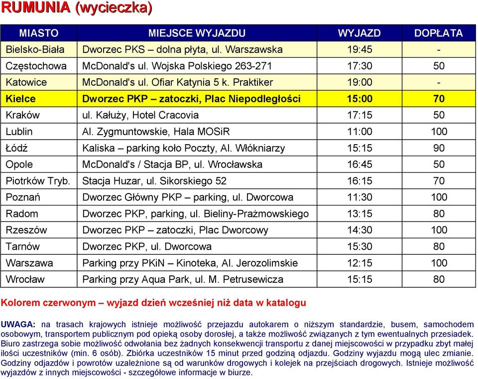 Zygmuntowskie, Hala MOSiR 11:00 100 Łódź Kaliska parking koło Poczty, Al. Włókniarzy 15:15 90 Opole McDonald's / Stacja BP, ul. Wrocławska 16:45 50 Piotrków Tryb. Stacja Huzar, ul.