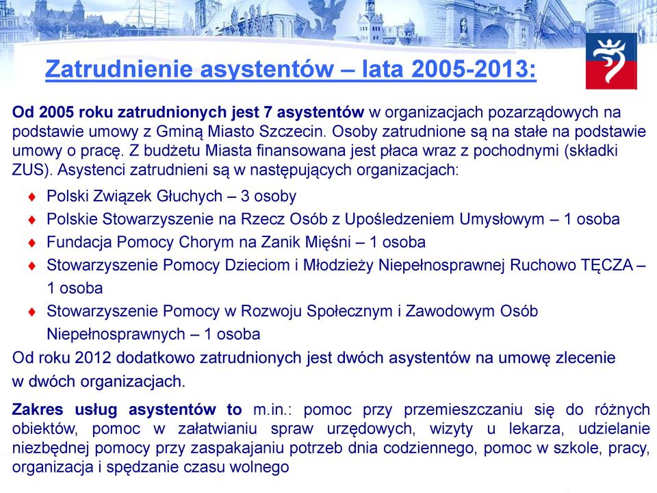 Asystenci zatrudnieni są w następujących organizacjach: Polski Związek Głuchych 3 osoby Polskie Stowarzyszenie na Rzecz Osób z Upośledzeniem Umysłowym 1 osoba Fundacja Pomocy Chorym na Zanik Mięśni 1