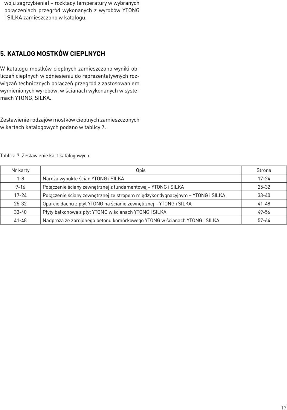 wyrobów, w ścianach wykonanych w systemach YTONG, SILKA. Zestawienie rodzajów mostków cieplnych zamieszczonych w kartach katalogowych podano w tablicy 7. Tablica 7.