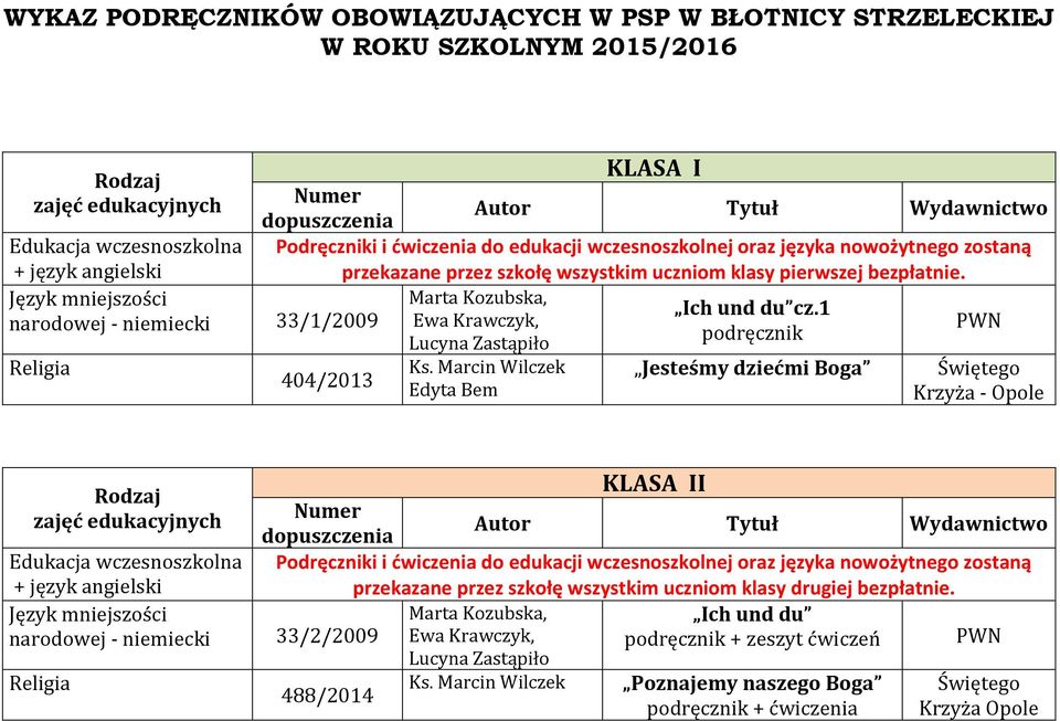 Marcin Wilczek Edyta Bem Jesteśmy dziećmi Boga Krzyża - Opole Rodzaj + język angielski 33/2/2009 KLASA II Podręczniki i ćwiczenia do edukacji wczesnoszkolnej oraz