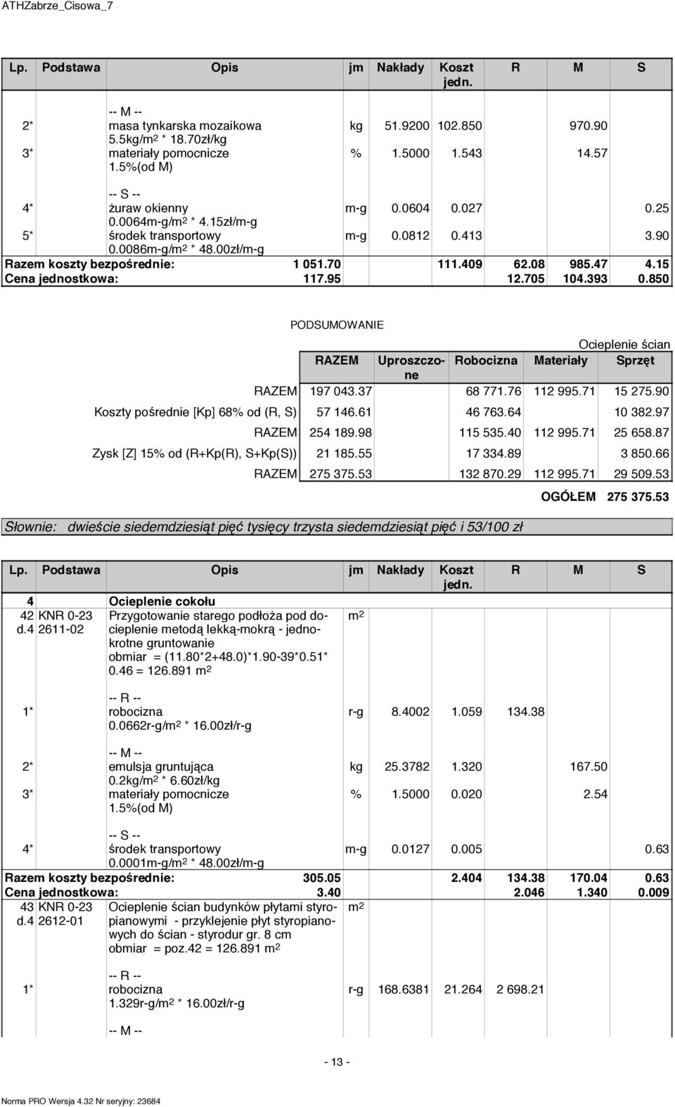 850 PODSUMOWANIE Ocieplenie cian RAZEM Uproszczone Robocizna Materiały Sprz t RAZEM 197 043.37 68 771.76 112 995.71 15 275.90 Koszty po rednie [Kp] 68% od (R, S) 57 146.61 46 763.64 10 382.