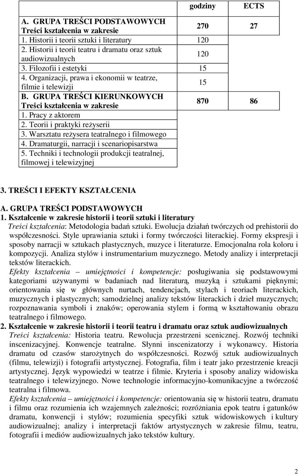 Teorii i praktyki reyserii 3. Warsztatu reysera teatralnego i filmowego 4. Dramaturgii, narracji i scenariopisarstwa 5. Techniki i technologii produkcji teatralnej, filmowej i telewizyjnej 3.