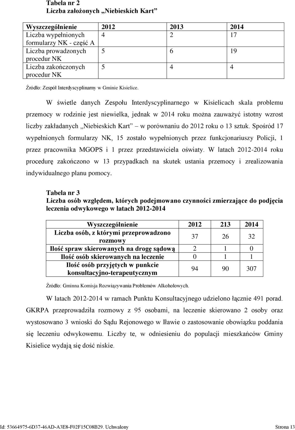 W świetle danych Zespołu Interdyscyplinarnego w Kisielicach skala problemu przemocy w rodzinie jest niewielka, jednak w 2014 roku można zauważyć istotny wzrost liczby zakładanych Niebieskich Kart w