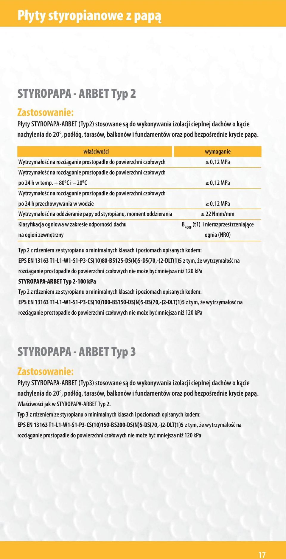 + 80 0 C i 20 0 C Wytrzymałość na rozciąganie prostopadle do powierzchni czołowych po 24 h przechowywania w wodzie Wytrzymałość na oddzieranie papy od styropianu, moment oddzierania Klasyfikacja