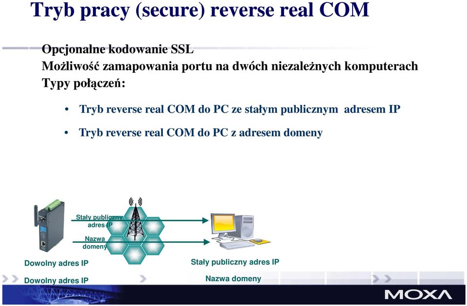 stałym publicznym adresem IP Tryb reverse real COM do PC z adresem domeny Stały