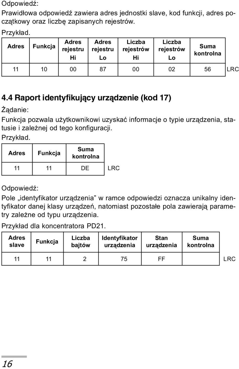 4 Raport identyfikuj¹cy urz¹dzenie (kod 17) ¹danie: Funkcja pozwala u ytkownikowi uzyskaæ informacje o typie urz¹dzenia, statusie i zale nej od tego konfiguracji. Przyk³ad.