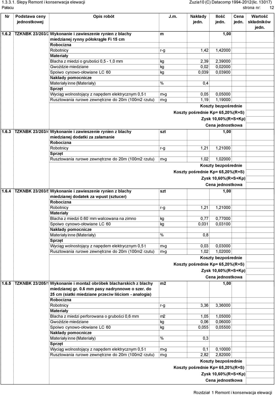 miedziane kg 0,02 0,02000 Spoiwo cynowo-ołowiane LC 60 kg 0,039 0,03900 inne () % 0,4 Wyciąg wolnostojący z napędem elektrycznym 0,5 t m-g 0,05 0,05000 Rusztowania rurowe zewnętrzne do 20m (100m2