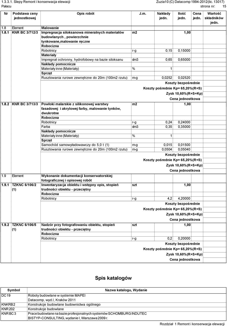 1 KNR BC 3/712/3 Impregnacja siloksanowa mineralnych materiałów m2 1,00 budowlanych, powierzchnie tynkowane,malowanie ręczne Robotnicy r-g 0,15 0,15000 Impregnat ochronny, hydrofobowy na bazie