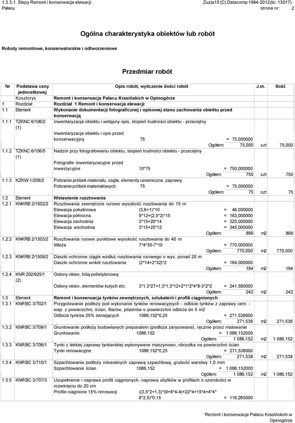 1.2 TZKNC 6/106/5 Nadzór przy fotografowaniu obiektu, stopień trudności obiektu - przeciętny Fotografie inwentaryzacyjne przed inwestycyjne 10*75 = 750,000000 Ogółem: 750 szt 750 1.1.3 KZKW 1/209/2 Pobranie próbek materiału, cegła, elementy ceramiczne, zaprawy Pobranie próbek materiałowych 75 = 75,000000 Ogółem: 75 szt 75 1.