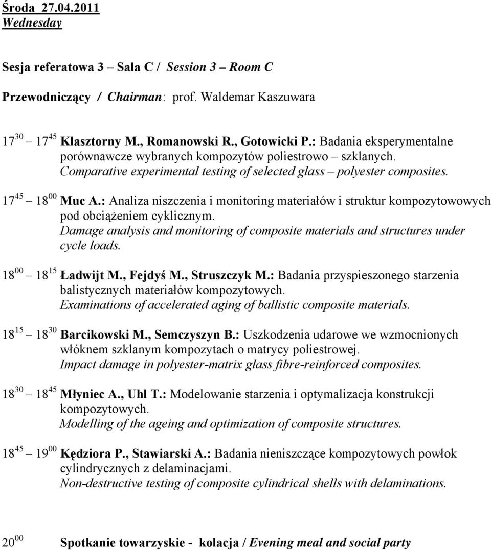 : Analiza niszczenia i monitoring materiałów i struktur kompozytowowych pod obciążeniem cyklicznym. Damage analysis and monitoring of composite materials and structures under cycle loads.