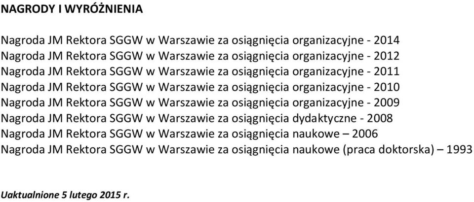 organizacyjne - 2010 Nagroda JM Rektora SGGW w Warszawie za osiągnięcia organizacyjne - 2009 Nagroda JM Rektora SGGW w Warszawie za osiągnięcia dydaktyczne