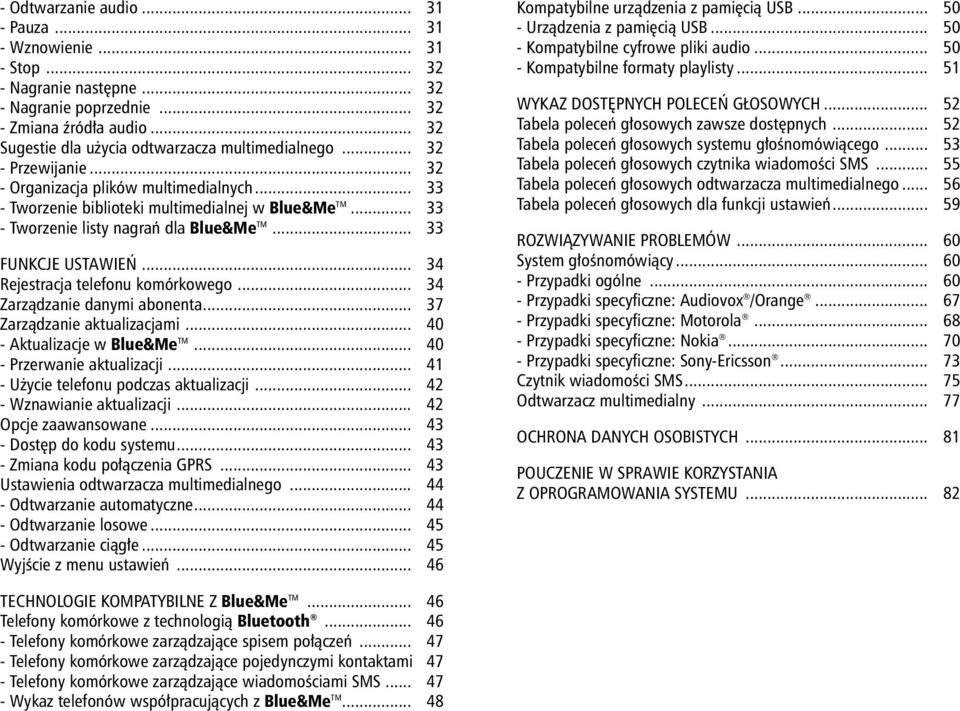 .. 34 Rejestracja telefonu komórkowego... 34 Zarzàdzanie danymi abonenta... 37 Zarzàdzanie aktualizacjami... 40 - Aktualizacje w Blue&Me TM... 40 - Przerwanie aktualizacji.