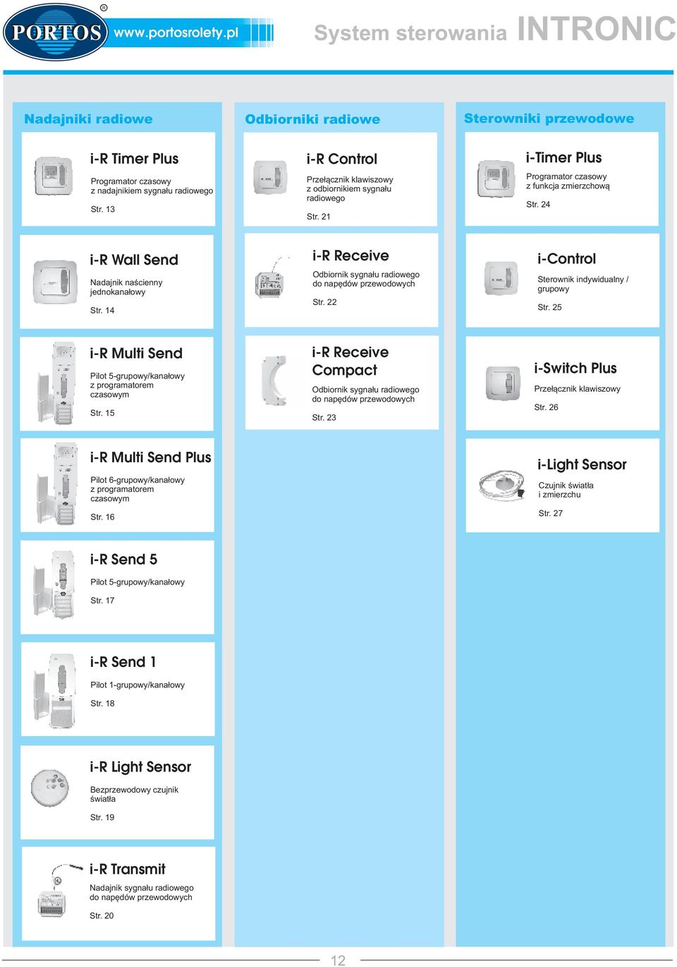 14 i-r Receive Odbiornik sygnału radiowego do napędów przewodowych Str. Sterownik indywidualny / grupowy Str. 5 i-r Multi Pilot 5-grupowy/kanałowy z programatorem czasowym Str.