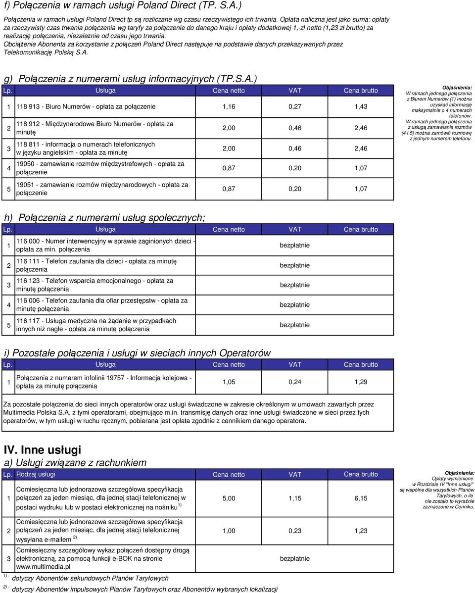 od czasu jego trwania. Obciążenie Abonenta za korzystanie z połączeń Poland Direct następuje na podstawie danych przekazywanych przez Telekomunikację Polską S.A. g) Połączenia z numerami usług informacyjnych (TP.