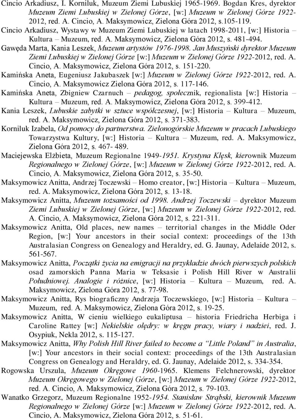 Gawęda Marta, Kania Leszek, Muzeum artystów 1976-1998. Jan Muszyński dyrektor Muzeum Ziemi Lubuskiej w Zielonej Górze [w:] Muzeum w Zielonej Górze 1922-2012, red. A. Cincio, A.
