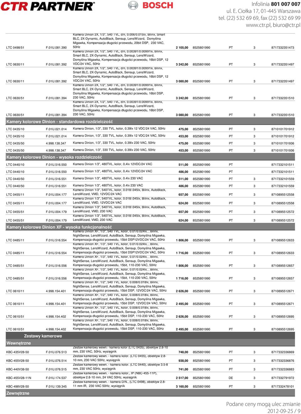 015lx, Bilinx, Smart BLC, 2X-Dynamic, AutoBlack, Sensup, LensWizard, Domyślna Migawka, Kompensacja długości przewodu, 20bit DSP, 230 VAC, 50Hz 2 105,00 8525801990 PT 3 8717332351473 Kamera Dinion 2X,